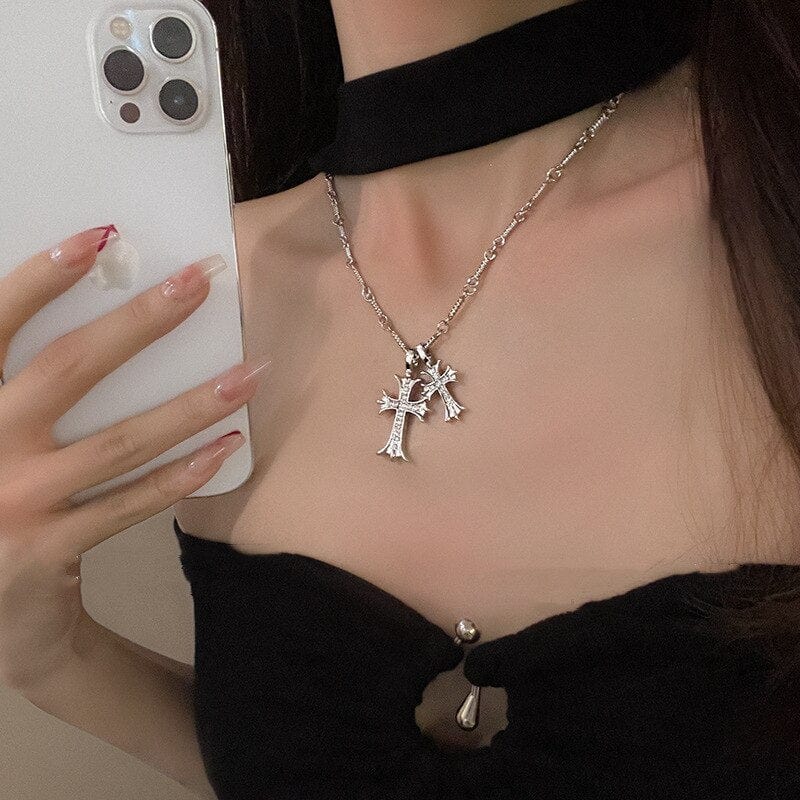 Retro Christian Cross Zircon Necklace Jewelry Pioneer Kitty Market   