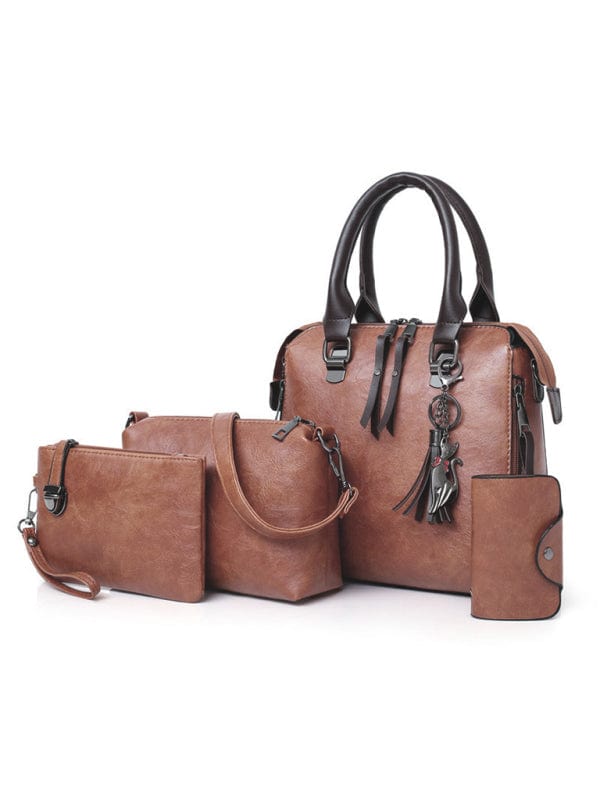 Four-Piece Retro-Style PU Leather Handbag Bag Set  Pioneer Kitty Market Brown F 