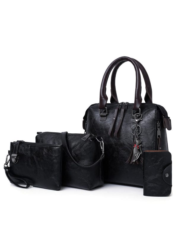 Four-Piece Retro-Style PU Leather Handbag Bag Set  Pioneer Kitty Market Black F 