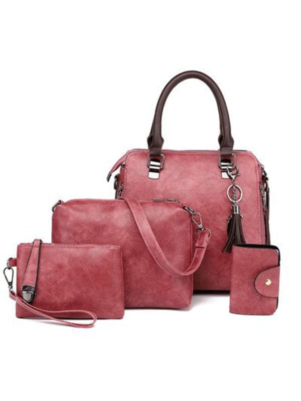 Four-Piece Retro-Style PU Leather Handbag Bag Set  kakaclo Pink F 