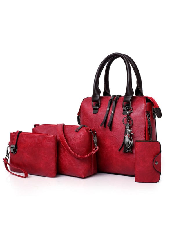 Four-Piece Retro-Style PU Leather Handbag Bag Set  kakaclo Red F 