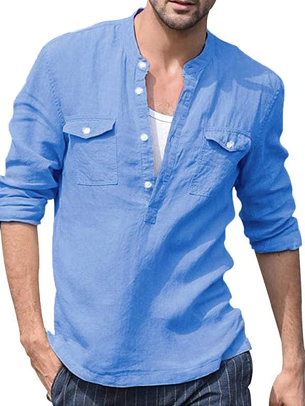 Men's Solid Color Cotton Linen Pocket Shirt  Pioneer Kitty Market   