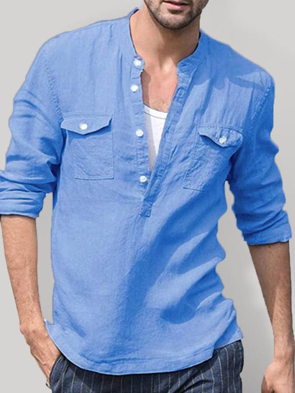 Men's Solid Color Cotton Linen Pocket Shirt  kakaclo Blue M 