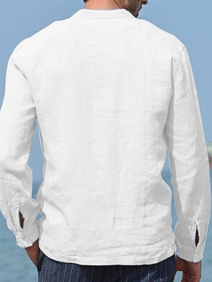 Men's Solid Color Cotton Linen Pocket Shirt  Pioneer Kitty Market   