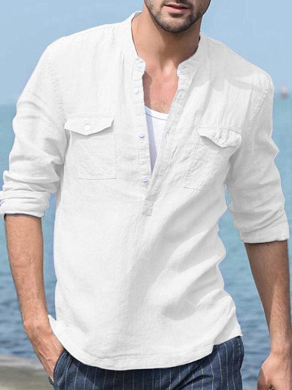 Men's Solid Color Cotton Linen Pocket Shirt  kakaclo White M 