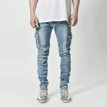 Men's Cargo-Style Skinny Fit Denim Jeans  kakaclo Mist Blue S 