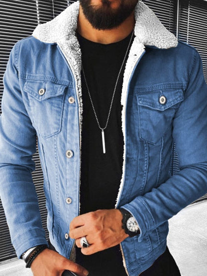 Men's Plush Style Thickened Denim Outer Jacket