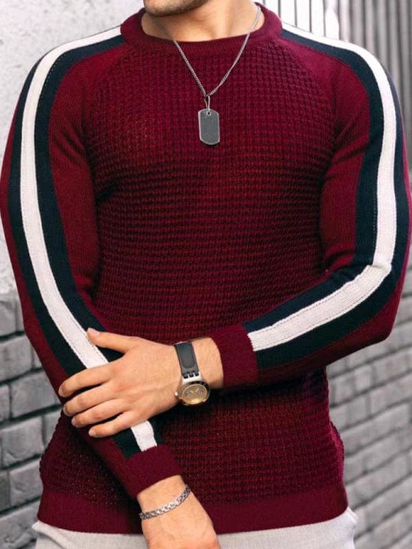 Men's Round Neck Color Contrast Sweater  Pioneer Kitty Market Dark Red S 