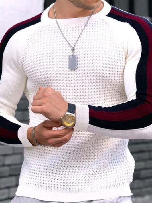 Men's Round Neck Color Contrast Sweater  kakaclo White S 