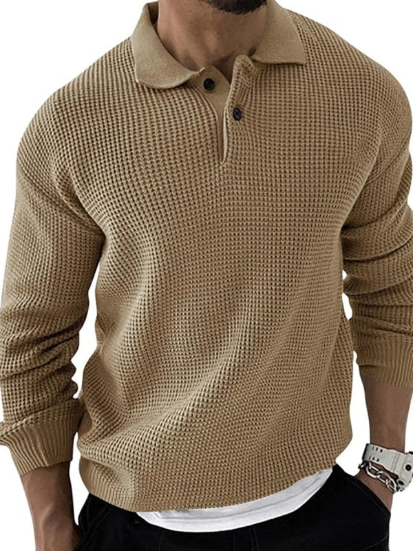 Men's Waffle Knit Lapel Sweater  kakaclo Khaki M 