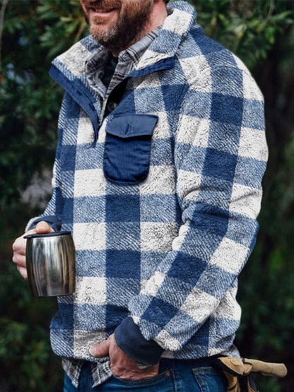 Men's Plaid Print Plush Long-Sleeved Sweatshirt  kakaclo   