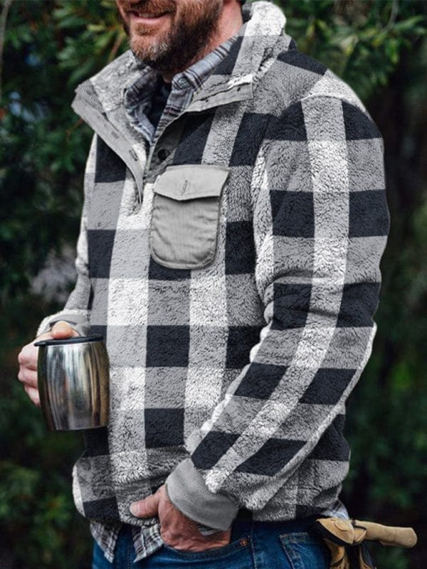 Men's Plaid Print Plush Long-Sleeved Sweatshirt  Pioneer Kitty Market Black S 