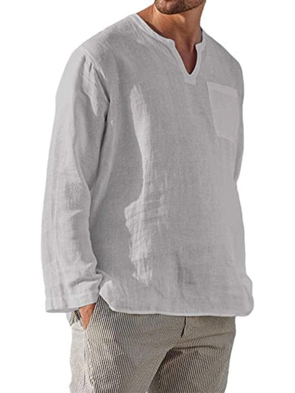 Men's Long Sleeve V Neck Casual Beach Shirt  Pioneer Kitty Market Grey M 