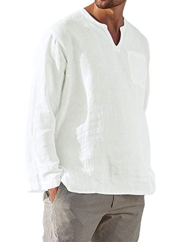 Men's Long Sleeve V Neck Casual Beach Shirt  Pioneer Kitty Market White M 