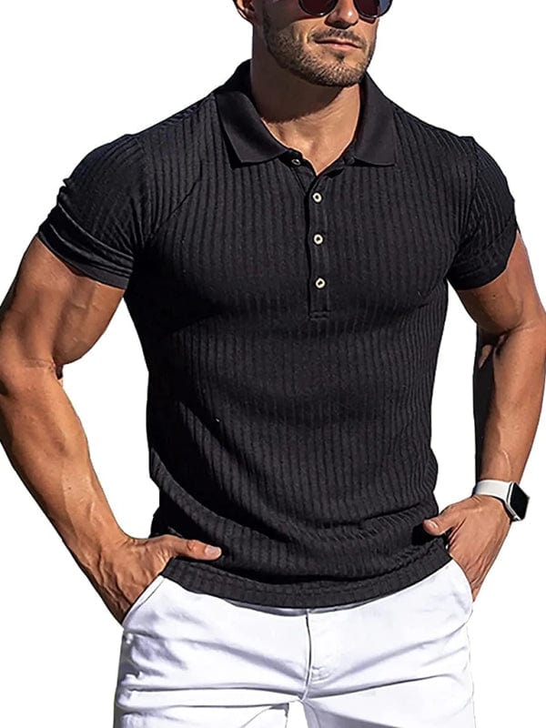Men's Cotton High Stretch Slim Fit Vertical Stripe Short Sleeve Polo Shirt  kakaclo Black S 