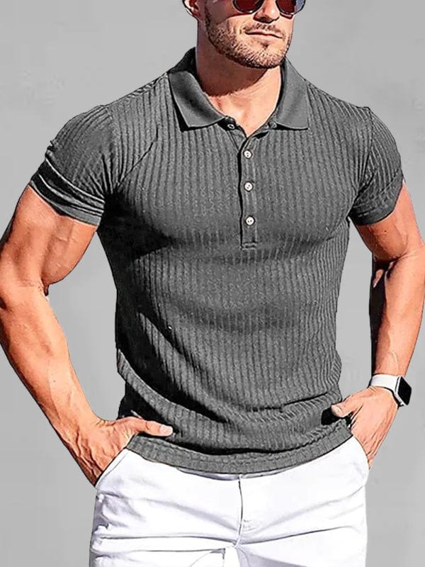 Men's Cotton High Stretch Slim Fit Vertical Stripe Short Sleeve Polo Shirt  kakaclo Grey S 