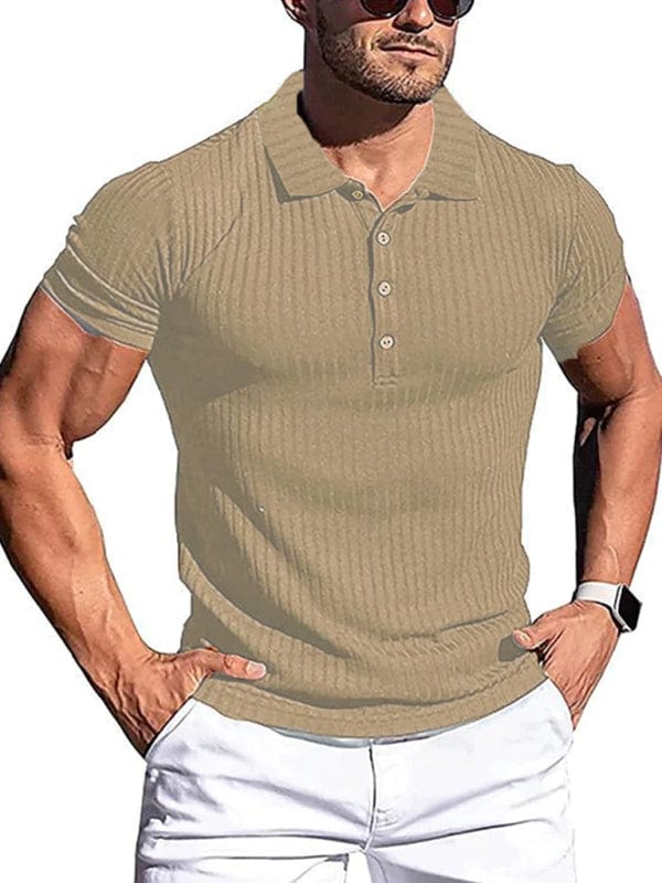 Men's Cotton High Stretch Slim Fit Vertical Stripe Short Sleeve Polo Shirt  Pioneer Kitty Market Khaki S 