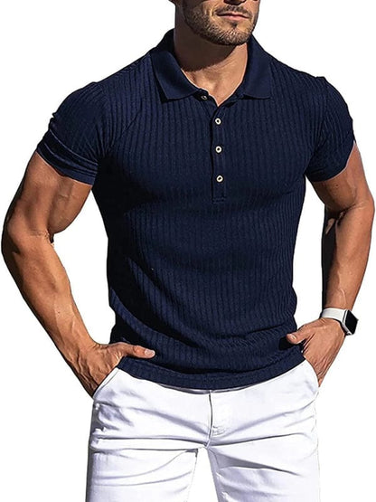 Men's Cotton High Stretch Slim Fit Vertical Stripe Short Sleeve Polo Shirt  kakaclo Champlain color S 