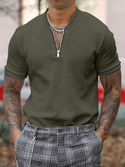 Men's Zipper Stand Up Collar Polo Shirt  kakaclo Olive Green S 