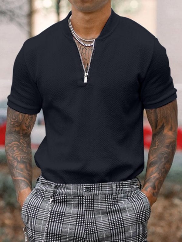 Men's Zipper Stand Up Collar Polo Shirt  kakaclo Black S 