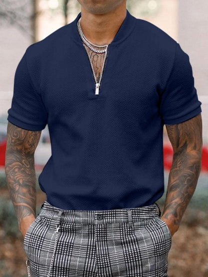 Men's Zipper Stand Up Collar Polo Shirt  kakaclo Purplish Navy S 