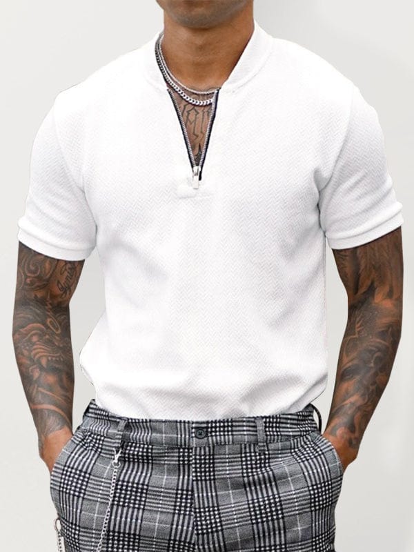 Men's Zipper Stand Up Collar Polo Shirt  kakaclo White S 
