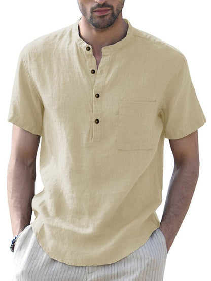 Men's Woven Casual Stand Collar Linen Short Sleeve Shirt  Pioneer Kitty Market Cracker khaki S 