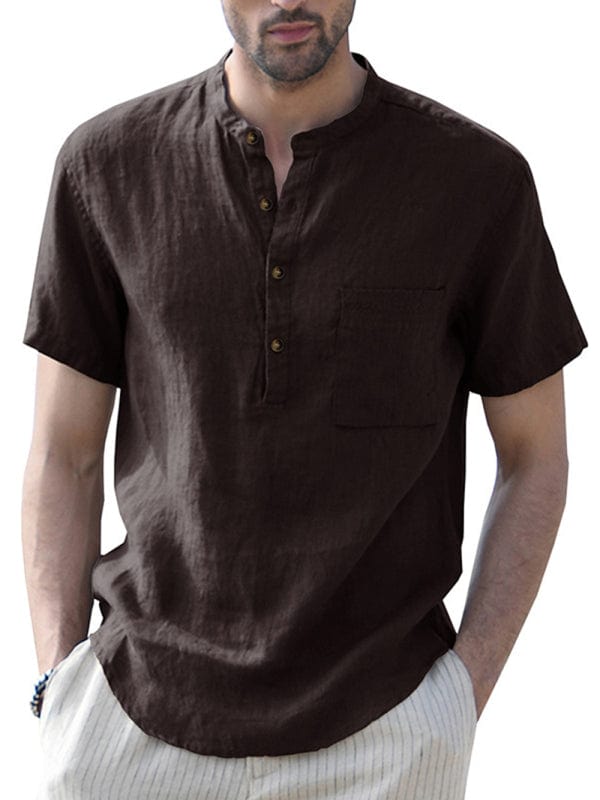 Men's Woven Casual Stand Collar Linen Short Sleeve Shirt  Pioneer Kitty Market Brown S 