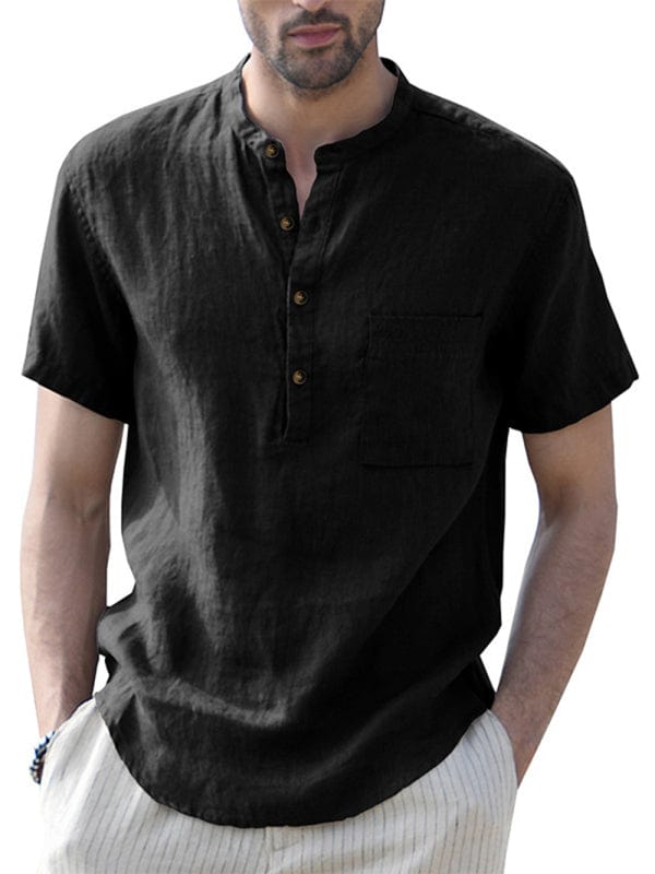 Men's Woven Casual Stand Collar Linen Short Sleeve Shirt  Pioneer Kitty Market Black S 