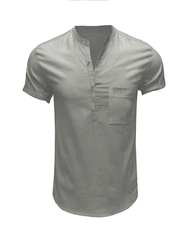 Men's Woven Casual Stand Collar Linen Short Sleeve Shirt  Pioneer Kitty Market   