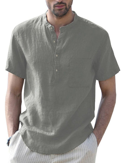 Men's Woven Casual Stand Collar Linen Short Sleeve Shirt  Pioneer Kitty Market Green S 