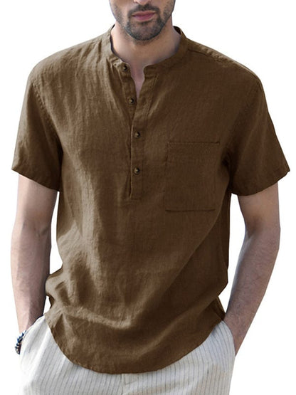 Men's Woven Casual Stand Collar Linen Short Sleeve Shirt  Pioneer Kitty Market Khaki S 
