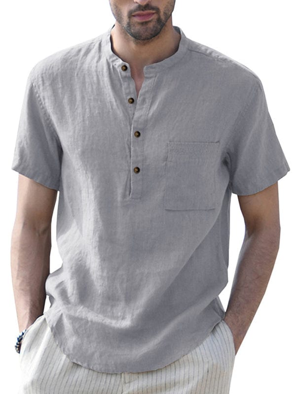Men's Woven Casual Stand Collar Linen Short Sleeve Shirt  Pioneer Kitty Market Misty grey S 
