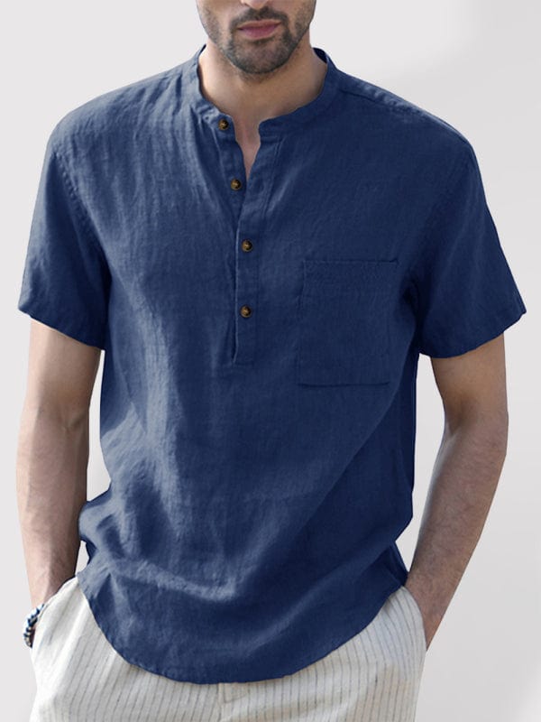 Men's Woven Casual Stand Collar Linen Short Sleeve Shirt  Pioneer Kitty Market Royal blue S 