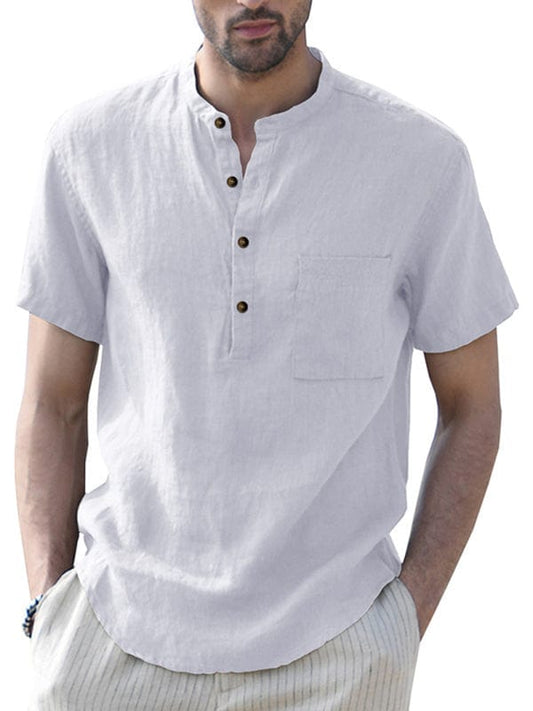 Men's Woven Casual Stand Collar Linen Short Sleeve Shirt  kakaclo White S 
