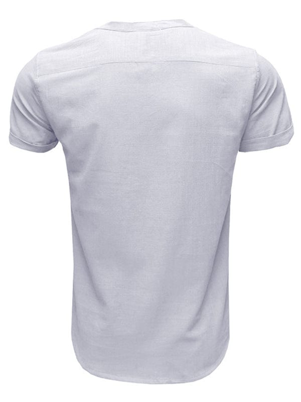 Men's Woven Casual Stand Collar Linen Short Sleeve Shirt  Pioneer Kitty Market   