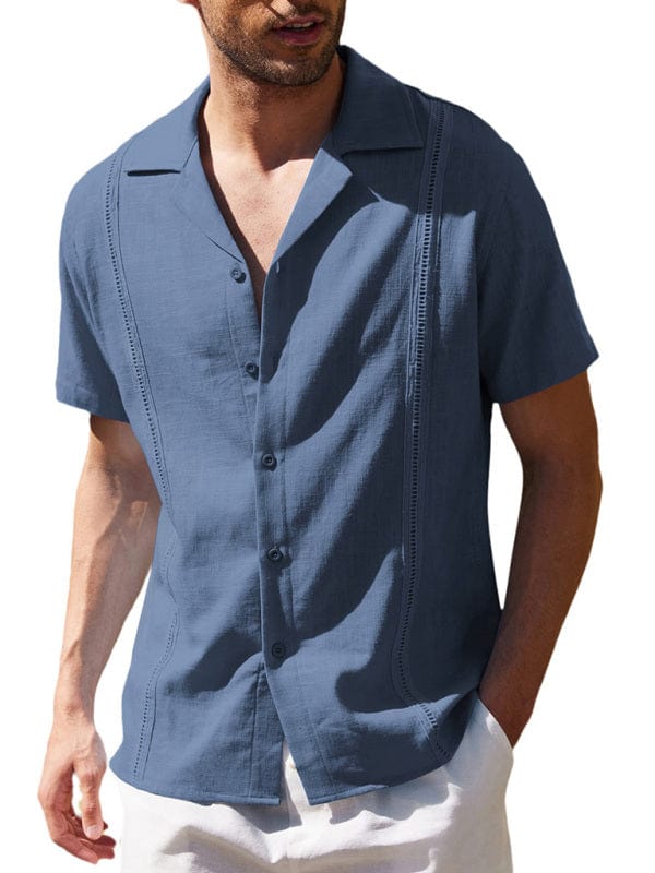 Men's Cuban Guayabera Short Sleeve Beach Shirt  Pioneer Kitty Market Blue Grey S 