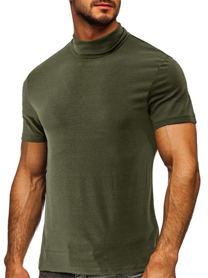 Men's Solid Print Turtleneck Short-Sleeved Shirt  kakaclo Olive Green S 