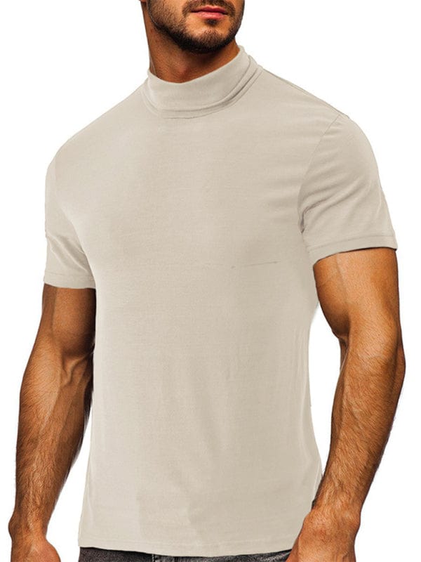 Men's Solid Print Turtleneck Short-Sleeved Shirt  kakaclo Cracker Khaki S 