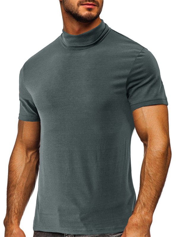 Men's Solid Print Turtleneck Short-Sleeved Shirt  kakaclo Grey S 