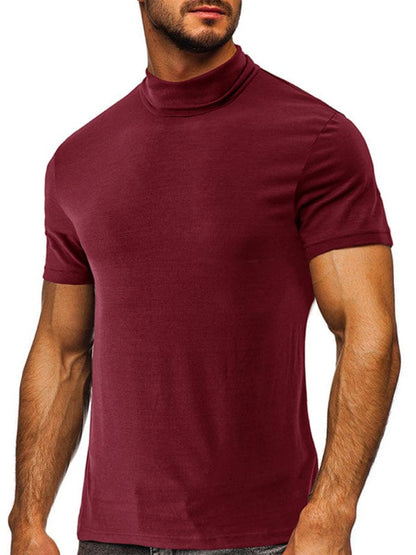 Men's Solid Print Turtleneck Short-Sleeved Shirt  kakaclo Wine Red S 