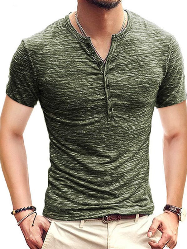 Men's Short Sleeve Henley Collar Shirt  kakaclo Green S 