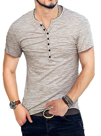 Men's Short Sleeve Henley Collar Shirt  kakaclo Khaki S 
