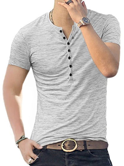 Men's Short Sleeve Henley Collar Shirt  kakaclo White S 