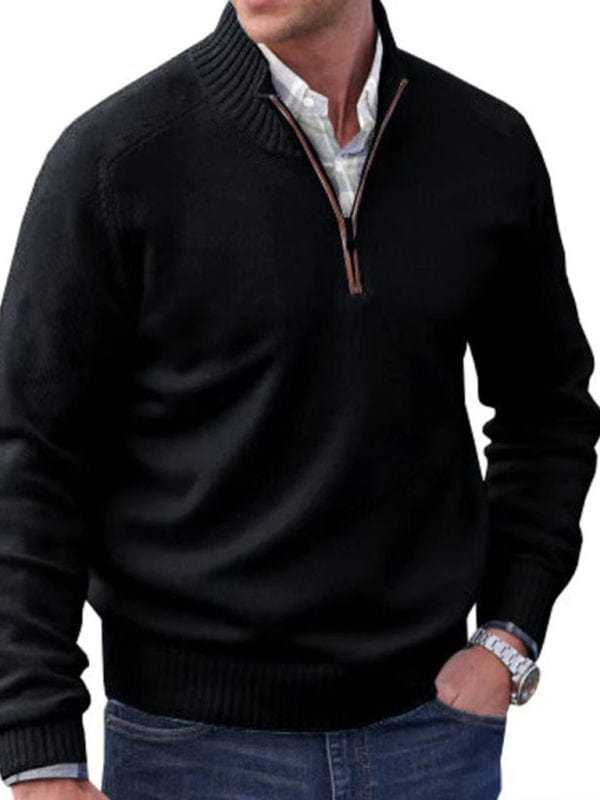 Men's Zipper Collar Long-Sleeved Knitted Top  kakaclo Black M 