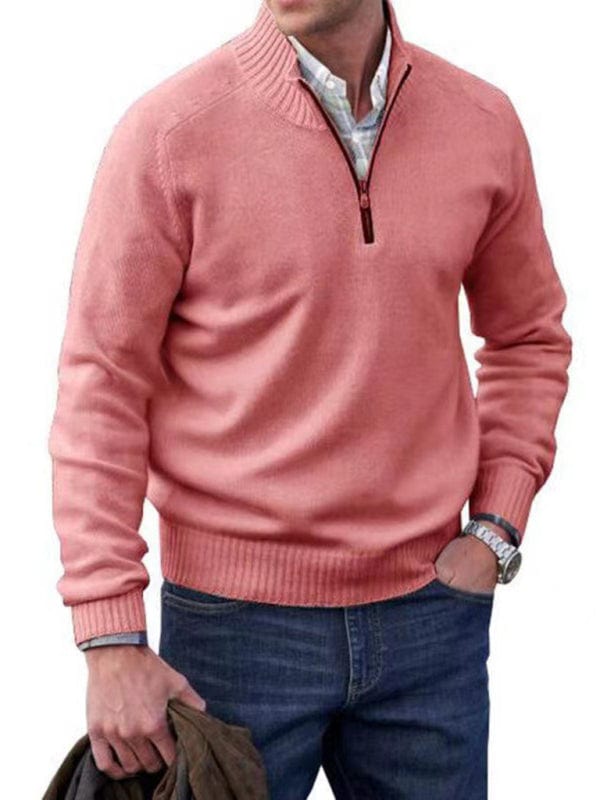 Men's Zipper Collar Long-Sleeved Knitted Top  kakaclo Pink M 