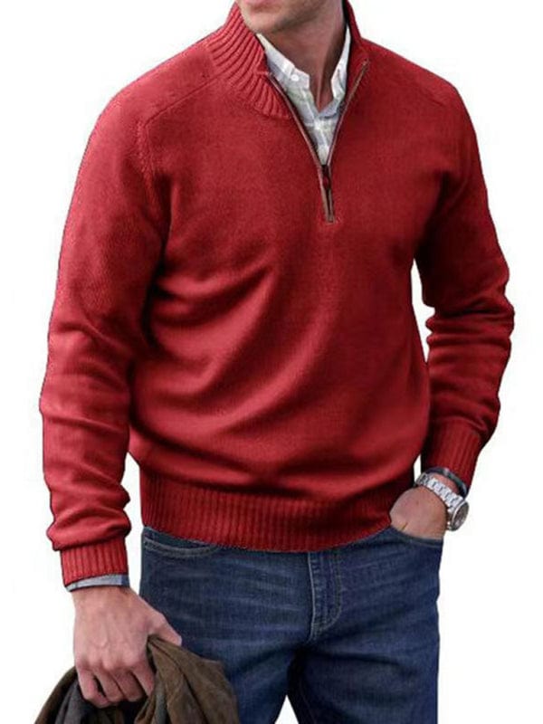 Men's Zipper Collar Long-Sleeved Knitted Top  kakaclo Red M 