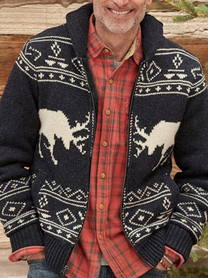 Men's Black Fawn Jacquard Sweater Zip Long Sleeve Knit Jacket