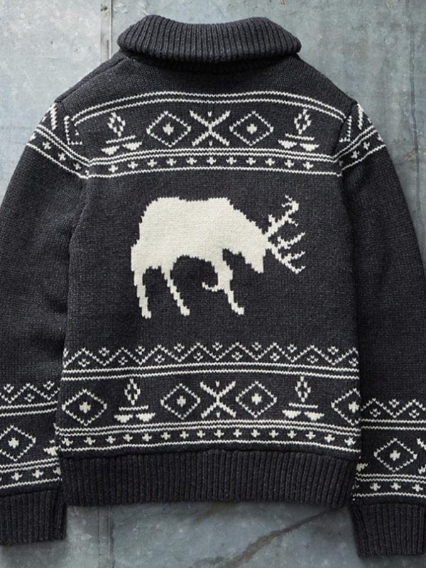 Men's Black Fawn Jacquard Sweater Zip Long Sleeve Knit Jacket  Pioneer Kitty Market   