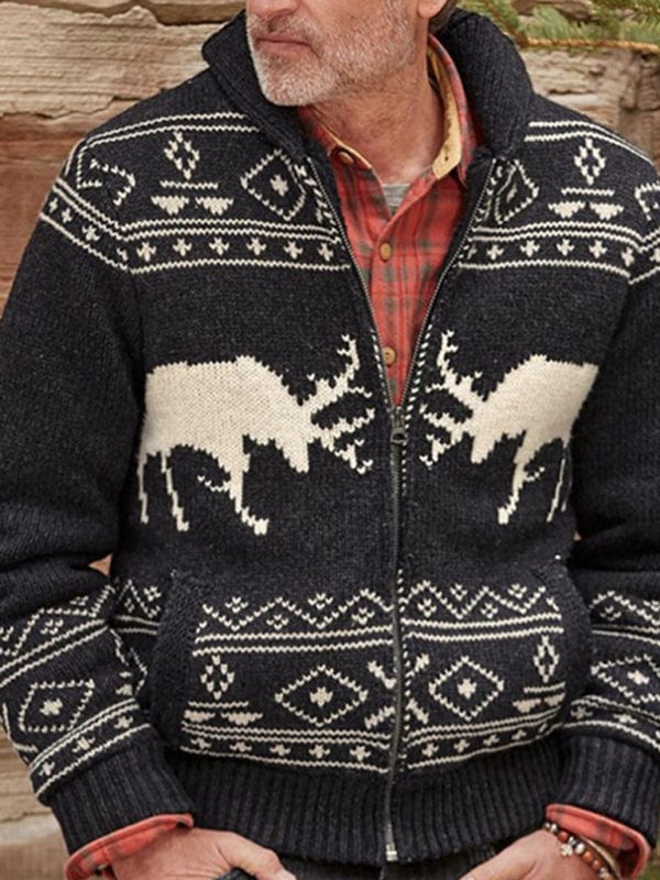 Men's Black Fawn Jacquard Sweater Zip Long Sleeve Knit Jacket  Pioneer Kitty Market M  